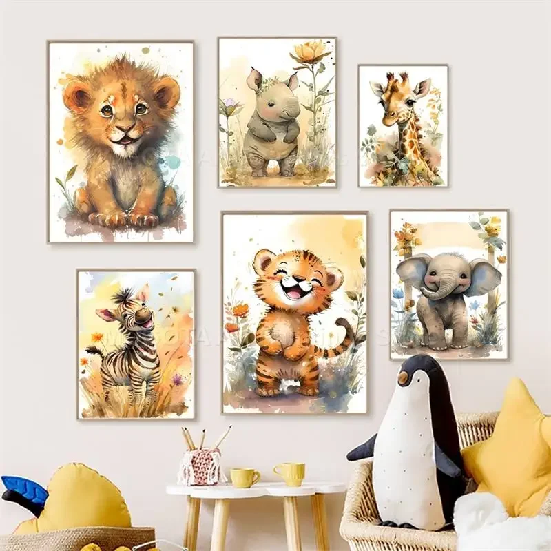 Watercolor Poster Print - 수채화 사자 기린 호랑이 코끼리 얼룩말