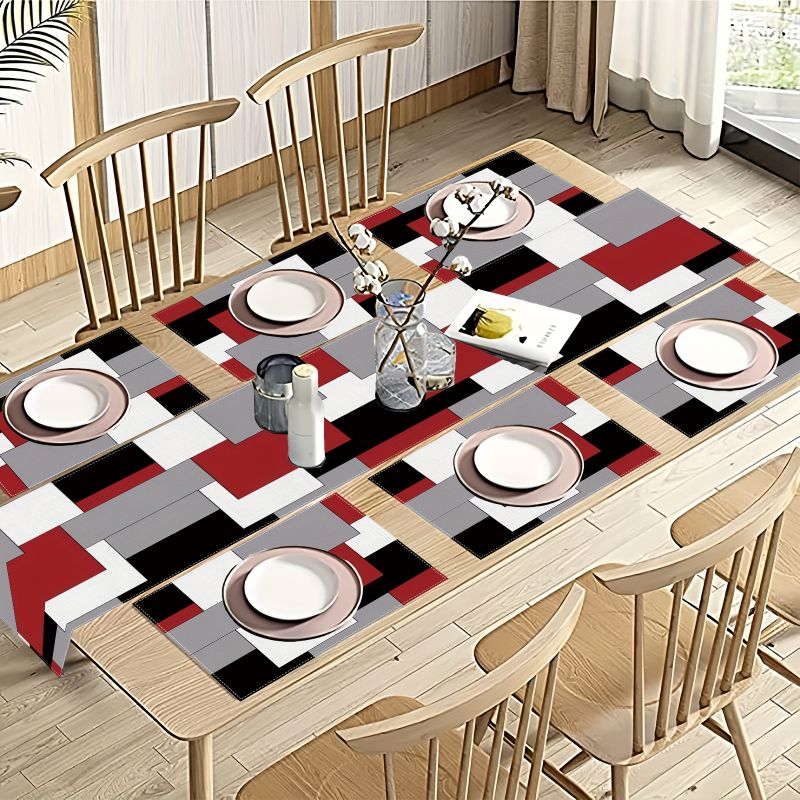 Linen Table Runner - 모던 미니멀리스트 대비 기하학 무늬 테이블