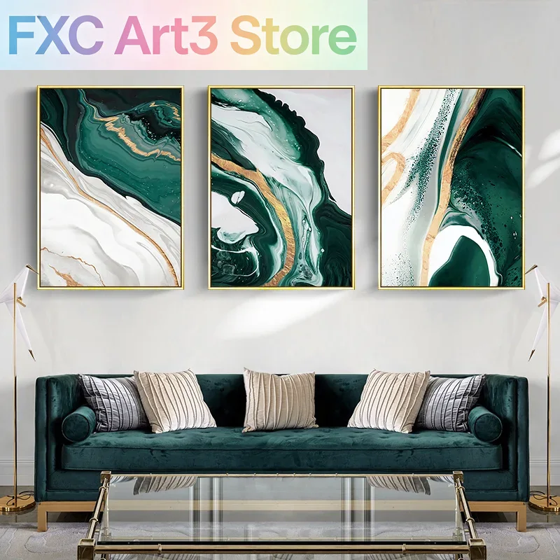 Abstract Oil Painting - 1pc 프레임리스, 현대적인 대리석 추상 녹색
