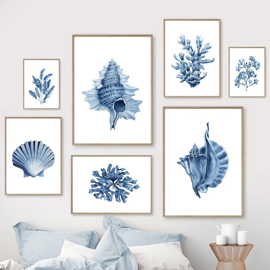블루 해초 산호 껍질 조개 수채화 벽 예술 캔버스 그림 - Watercolor Poster Print 리뷰 및 가격