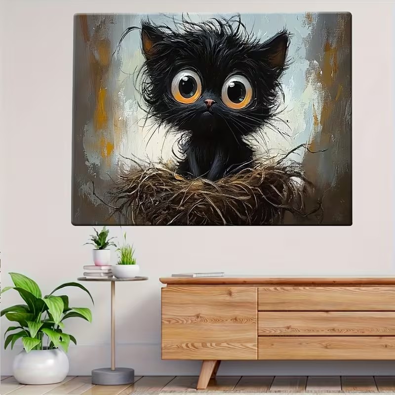 큰 눈을 가진 검은 고양이가 새 둥지에 앉아 있는 포스 - Abstract Oil Painting 리뷰 및 가격